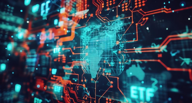 Tabela de circuitos tecnológicos abstrata com sobreposição de mapas digitais