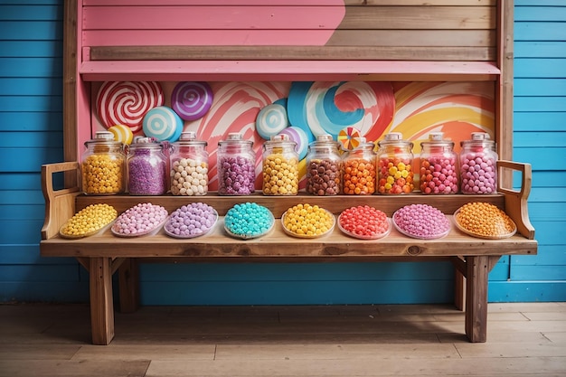 Foto tabela de madeira contra uma loja de doces colorida