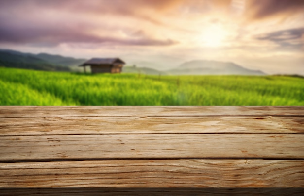Foto tabela de madeira de brown na paisagem do verde da exploração agrícola do verão.