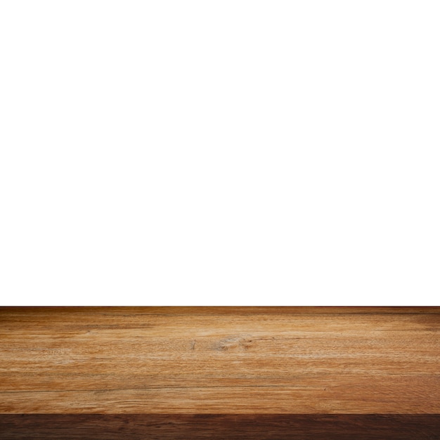 Tabela de madeira vazia no fundo branco isolado com montagem da exposição para o produto.