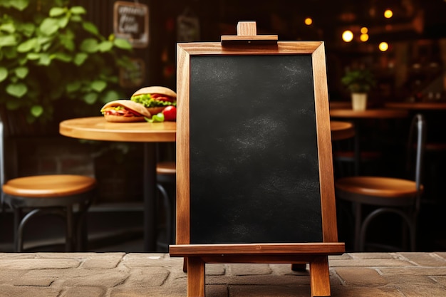 Tabela de sanduíche vazia para um menu e um desenho de giz rua tabela de madeira em branco Tabela de giz em branco em estrutura de madeira fica no terraço do café de rua ou restaurante do lado de fora
