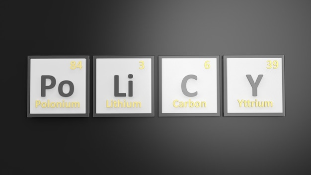 Tabela periódica dos símbolos dos elementos usados para formar a palavra Política isolada em preto