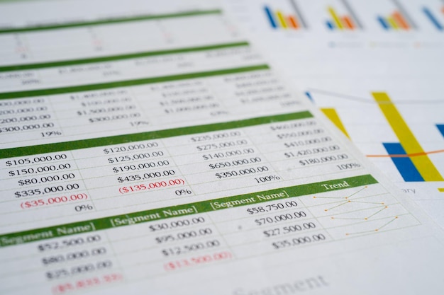 Tabellenkalkulationspapier mit Grafik Finance Account Statistics Analytische Forschungsdatenwirtschaft Börsenhandel und Meeting-Konzept für Unternehmen