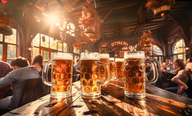 Taberna alemana en Oktoberfest Jarras de cerveza fría con espuma en una mesa de madera Gente bebiendo cerveza y disfrutando de un día de celebración Espacio de copia de luz del atardecer