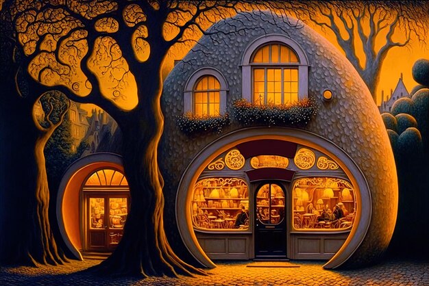 Taberna de fantasia ou café de contos de fadas estilo Hobbit caffeteria na rua ou na floresta Generative AI
