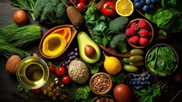 una tabla de alimentos que incluye frutas y verduras, incluidos aguacate, frijoles y nueces.