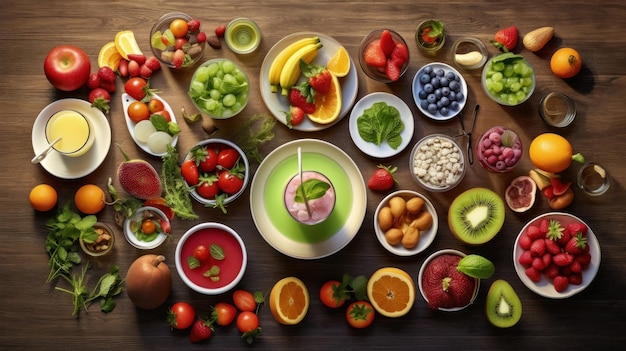 una tabla de alimentos que incluye frutas y verduras que incluyen frutas y verduras.