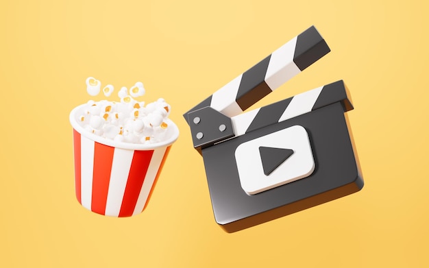 Tabla de aplauso y palomitas de maíz en el fondo amarillo ver una película renderización 3D