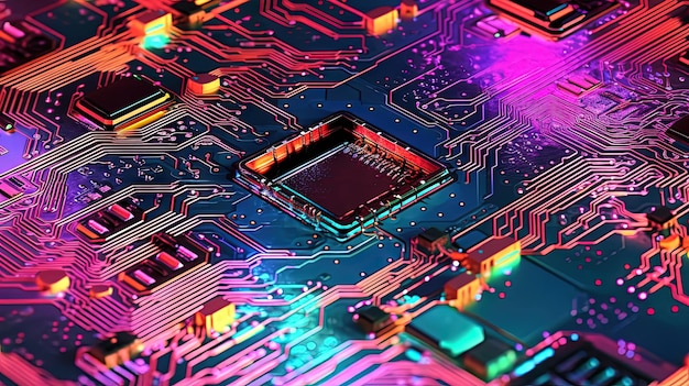 Tabla base con chips y conexiones en luces de neón púrpura y azul Fondo tecnológico con microchips en placa de circuitos de hardware