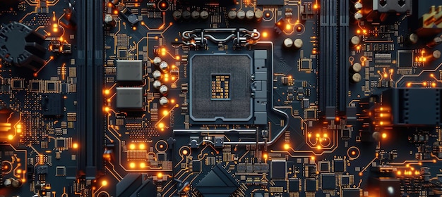 Foto tabla base de computadora con cpu chip de sistema de placa de circuito con procesador de núcleo