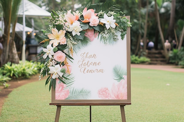 Foto tabla de bienvenida con un diseño de caligrafía moderna y acentos florales