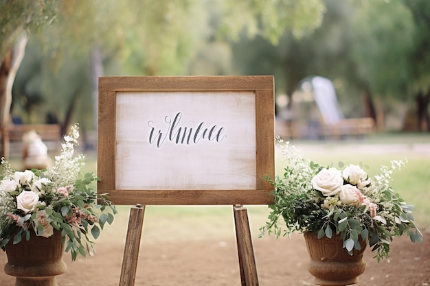 Foto tabla de bienvenida con un diseño de caligrafía moderna y acentos florales