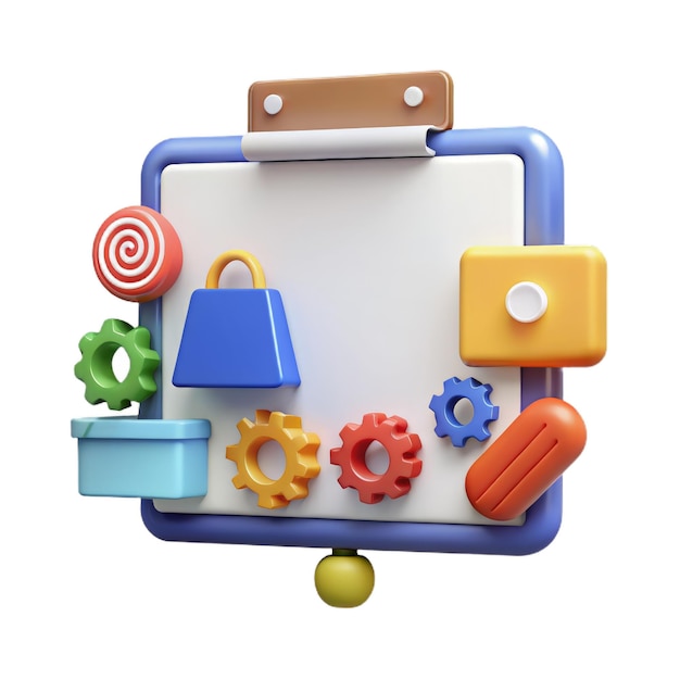 Tabla blanca 3D para presentación y símbolo de icono Equipo para conferencias y estrategia de marketing Concepto de negocio Pastel de dibujos animados Estilo minimalista