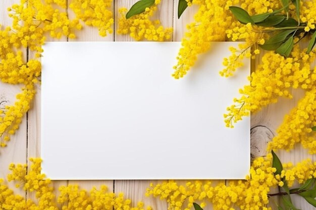 Foto tabla blanca en blanco y flor de forsythia para la decoración de fondo de espacio de copia