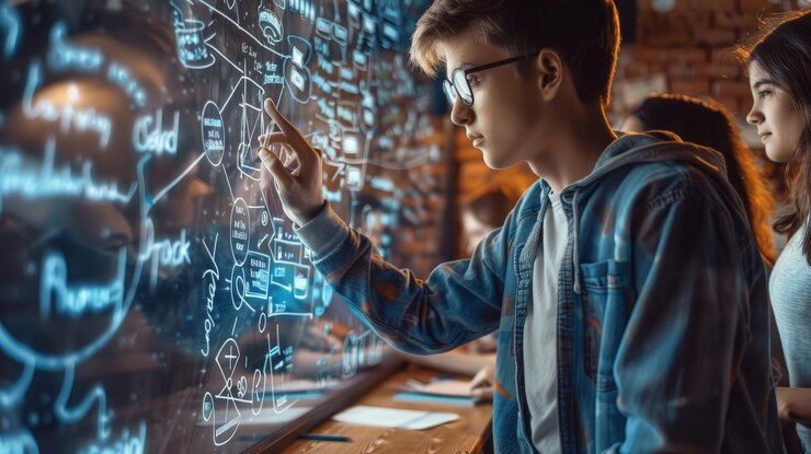 Foto tabla blanca interactiva de ia que explica la física en el aula de la escuela secundaria adolescentes atentos