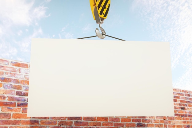 Foto tabla en blanco en el gancho de la grúa con cielo despejado y pared de ladrillo en el fondo mock up 3d rendering