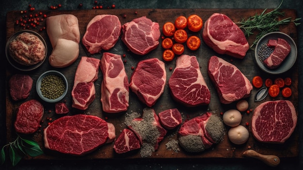 Una tabla de carne y verduras que incluye pollo, papas y tomates.