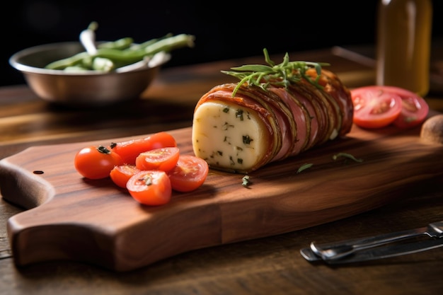 Tabla de cedro con queso provolone y líneas de parrilla creadas con ai generativo