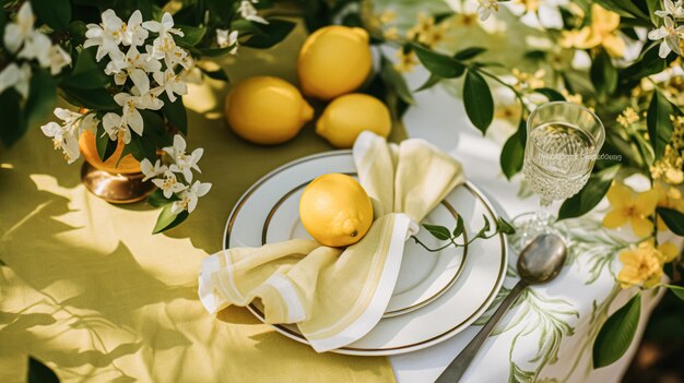 Foto tabla de celebración de bodas o cenas formales con limones y flores en el jardín de campo inglés estilo de casa de árbol de limón