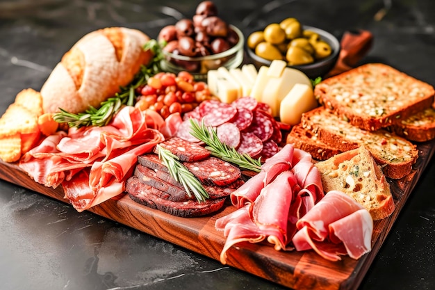 Foto tabla de charcutería con carnes, quesos y frutas