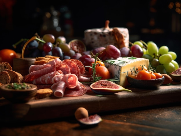 Tabla de charcutería gourmet en una cocina rústica Fotografía de alimentos