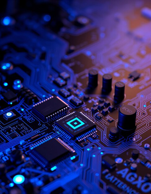 Tabla de circuito azul con microchips y conexiones que brillan en la oscuridad destacando la tecnología avanzada