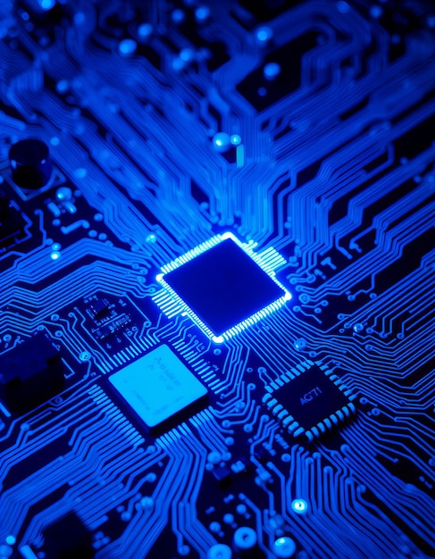 Tabla de circuito azul con microchips y conexiones que brillan en la oscuridad destacando la tecnología avanzada