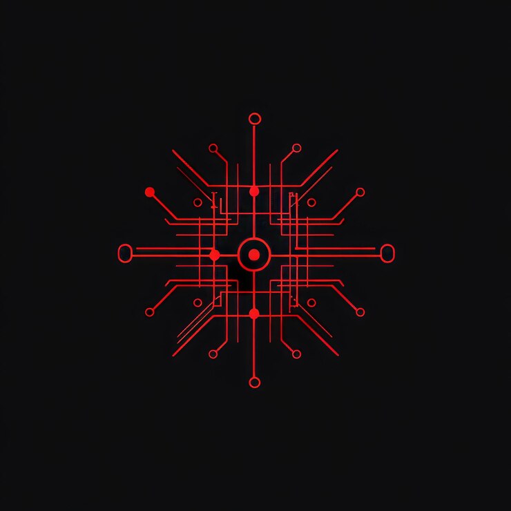 Foto tabla de circuito digital abstracta roja sobre un fondo negro