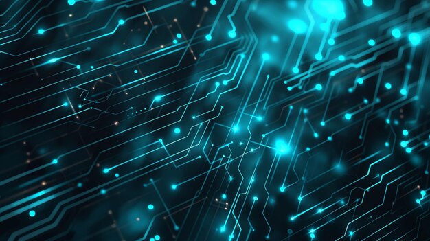 Tabla de circuito digital futurista con líneas azules de neón brillantes