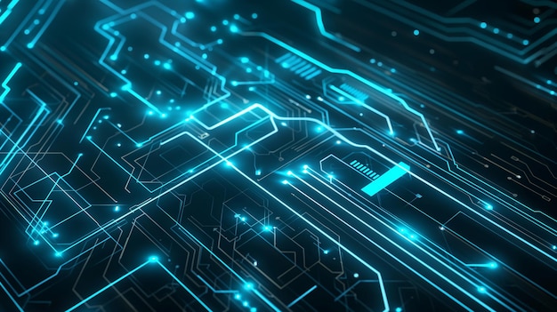 Tabla de circuito digital futurista con líneas azules de neón brillantes