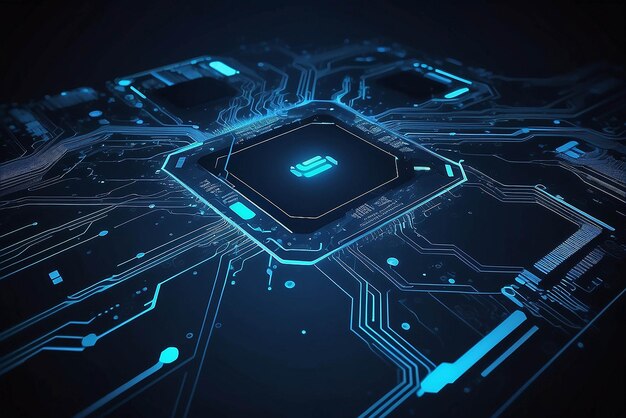 Tabla de circuito futurista abstracta y concepto de tecnología digital de Hitech Fondo azul oscuro