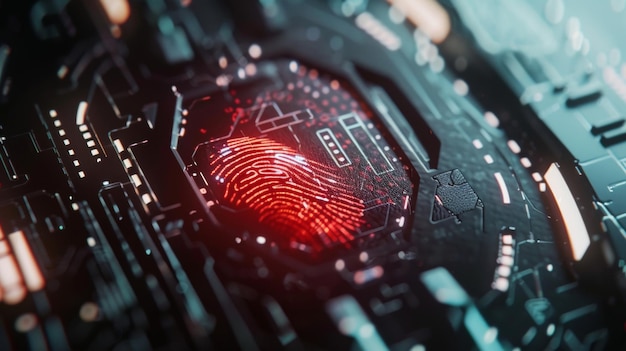 Tabla de circuito futurista con una huella digital roja brillante que simboliza la seguridad de alta tecnología