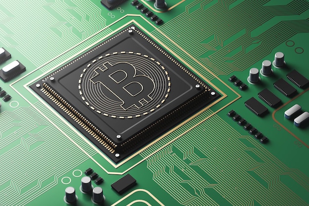 Tabla de circuito verde con un procesador en ella. Concepto de tecnologías modernas e información. Una maqueta de renderización 3D del símbolo de bitcoin