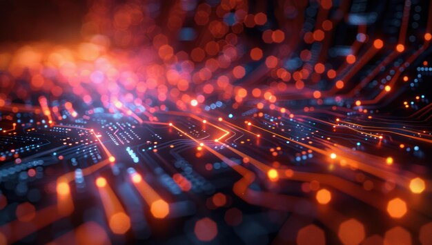 Tabla de circuitos abstracta con líneas brillantes