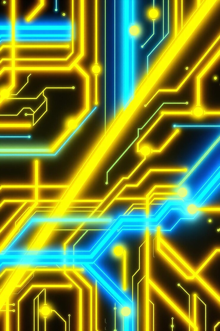 Tabla de circuitos abstractos futuristas líneas amarillas azules diseño técnico