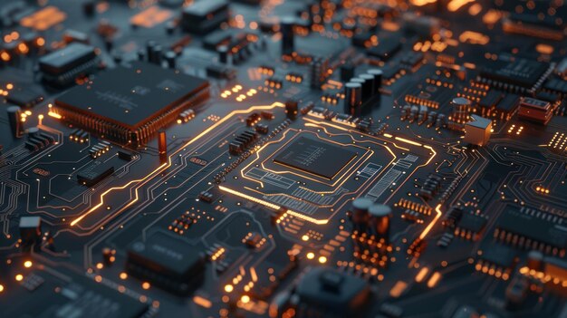 Tabla de circuitos de alta tecnología con conexiones brillantes Primer plano de una intrincada placa de circuitos electrónicos con líneas naranjas brillantes que simbolizan la transmisión de datos y la tecnología avanzada