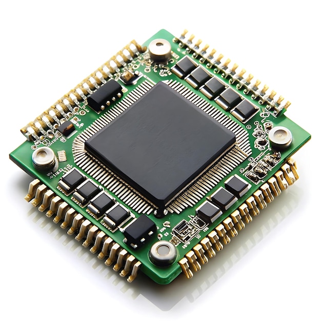 Tabla de circuitos de alta tecnología con microchips en iluminación de tono azul