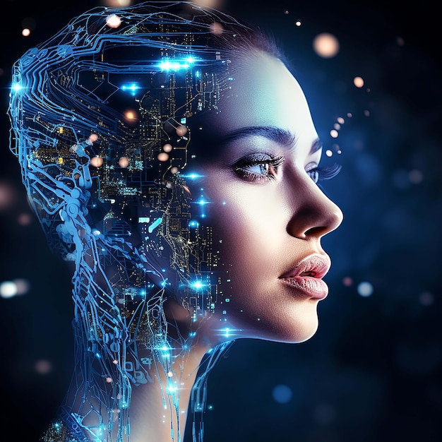 Tabla de circuitos brillantes diseño complejo de cerebro cyborg generado por IA