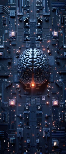 Tabla de circuitos con un cerebro en el centro