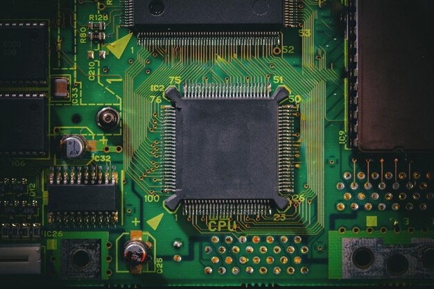 Tabla de circuitos de computadora de primer plano CPU procesador componentes electrónicos y cableado