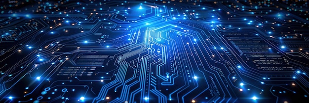 Tabla de circuitos digitales abstracta con líneas azules brillantes