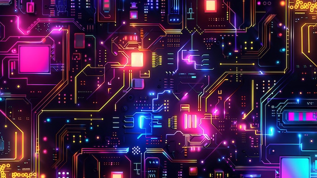 Tabla de circuitos digitales futuristas con luces de neón y elementos brillantes que representan la tecnología electrónica