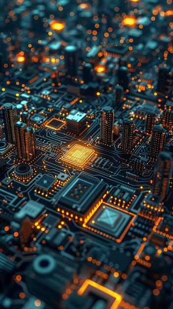 Tabla de circuitos diseño intrincado pistas metálicas condensadores resistores chips puntos de soldadura brillando con patrones digitales como un paisaje urbano futurista iluminación de fondo realista HDR
