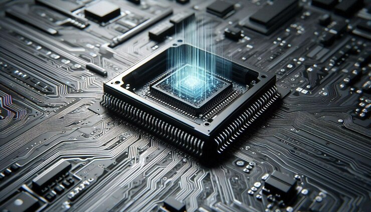 Tabla de circuitos electrónicos con inteligencia artificial futurista