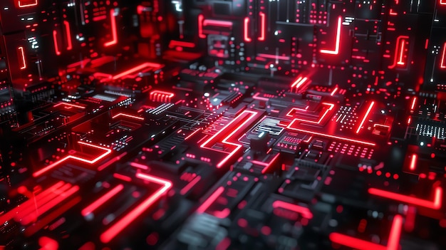 Tabla de circuitos electrónicos de neón rojo futurista con detalles brillantes que representan tecnología avanzada e innovación digital