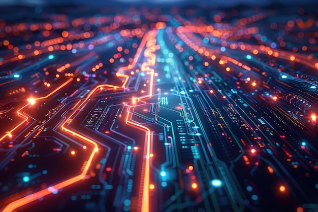 Tabla de circuitos electrónicos que imita las luces de la autopista y la ciudad desde arriba tecnología azul y roja