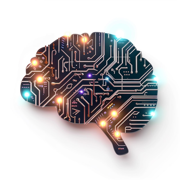 Tabla de circuitos en forma de cerebro brillante aislada sobre un fondo blanco Concepto de inteligencia artificial