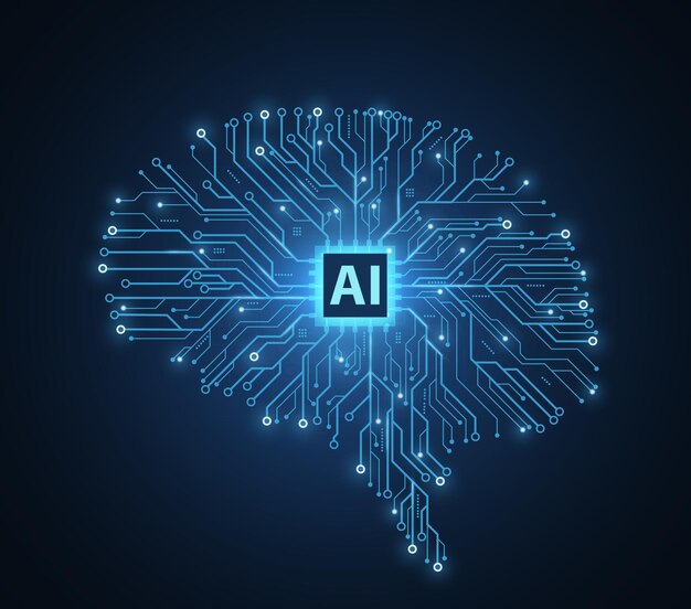 Tabla de circuitos en forma de cerebro con chip de inteligencia artificial memoria digital