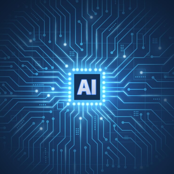 Tabla de circuitos en forma de cerebro con chip de inteligencia artificial memoria digital