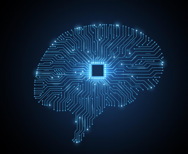 Tabla de circuitos en forma de cerebro con chip de inteligencia artificial memoria digital